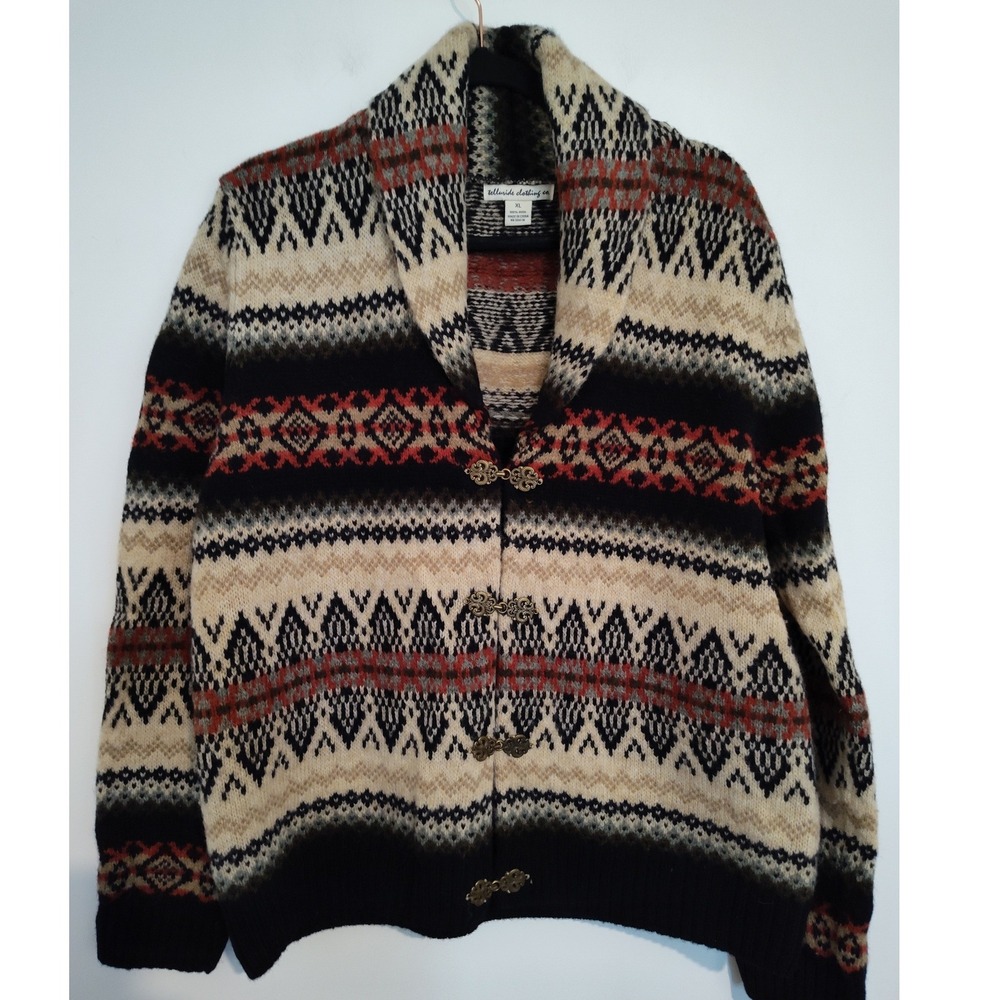 Telluride Clothing Co Wool Fair Isle Cardigan Shawl Collar Metal Clasps XL
